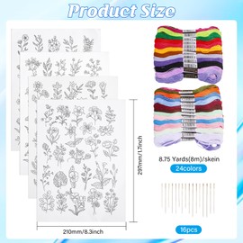 GLOBLELAND 4 Sheets Flowers and Leaves Water Soluble Hand Sewing Stabilizers Embroidery Kit with Threads Needle for Fabric Embroidery Stitch Practice for Embroidery Lovers