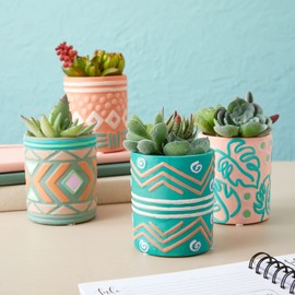 Set of 4 DIY Paint Your Own Ceramic Succulent Planters in Bohemian-Themed Designs, Unpainted Flower Pots with Drainage Holes, Rubber Plugs, and Small Sticker Pads (3x3x4 in, White)