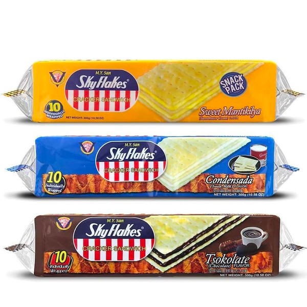M.Y. San SkyFlakes Crackers Sandwich Cream Filling Filipino Crispy Snacks (10 Pcs) 300g - Assorted 3 Flavours