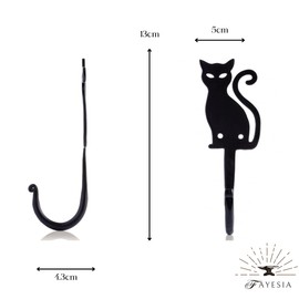 Fayesia Wrought Iron Wall Hooks - Blacksmith Handcrafted Set of 3 Black Wall-Mounted Hooks with Screws & Fittings - Animal Design Decorative Hooks for Towels, Bags, Hats & More (Cat)