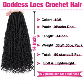 Unionbeauty Pre Looped Goddess Crochet Locs Hair 14 Inch 9 Packs River Locs Crochet Hair with Curly Ends Black Bohemian Locs Crochet Hair Synthetic Crochet Locs Hair Extensions For Women 1B#