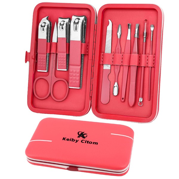 Manicure Set, Travel Mini Nail Clippers Kit Pedicure Care Tools, 10 Pieces Stainless Steel Grooming Kit (Sakura Pink)