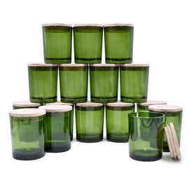 SHOWIN Thick Candle Jars for Making Candles 16 Pcs, 7 OZ Empty Jars with Wood Lids for Candle Making, Sample Container, Green