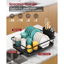 Sakugi Stainless Steel Dish Drying Rack for Kitchen Counter, Sink Organization and Storage Essentials with Silverware & Utensil Holder, Home and Apartment Decor, 12''W x 15.5''L, Black