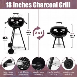 HaSteeL 18 Inch Charcoal Grill, 2-In-1 Kettle Outdoor Barbecue Grill, Portable Black BBQ Grill for Camping/Backyard/Patio/Picnic, Porcelain-Enameled Lid & Fire Bowl, 254.SQ.IN Cooking Area, 29Pcs