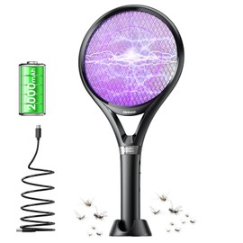 Minimoon Electric Fly Swatter with LED Display, 2000mAh Rechargeable Fly Swatter Racket, 2500V Bug Zapper Racket Dual Modes, Mosquito Killer Lamp with 3 Layers Safety Mesh for Indoor Outdoor Camping
