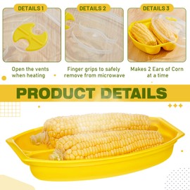SiliFine 2 Pcs Microwave Corn Steamer with Lid Fast & Easy Steam Cooker for Corn on The Cob & More, 2 Pieces at Once, Vented Lid, Dishwasher Safe, Microwave Vegetable Dishes Steamer Kitchen (Yellow)