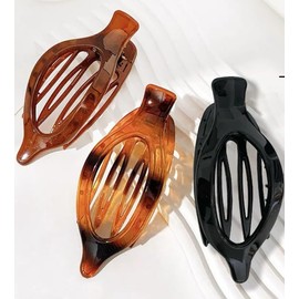 3 Pcs Lay Flat Hair Clips, French Concord Leaf-Shaped Alligator Claw Clips, Strong Hold for Thick & Thin Hair, Non-Slip Grip Hair Accessories for Women and Girls (Black, Brown, Amber)