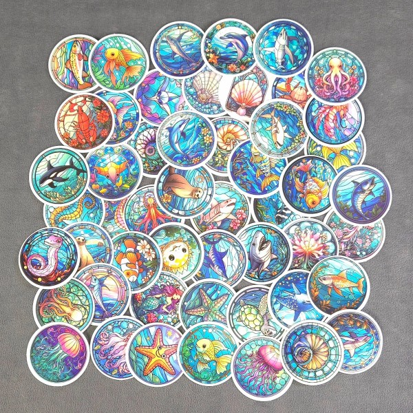 Round Stained Glass Ocean Animals Stickers - Set of 10