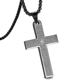 Cross Necklace with Lord’s Prayer, 316L Stainless Steel Faith Necklace, Silver Black Gold Available. (23", Black)