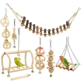 Zixrmor Wooden Bird Cage Budgie, Parrot Bird Chewing Natural Wood Hanging Swing and Jumping Budgie Accessories, Pack of 8 Bird Toys (Geometric)