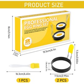 PacuM 2 Pack Egg Rings Non Stick Frying Egg Circles for Frying Round Egg Shaper Egg Moulds for Fried Eggs with Anti-scald Handle and Oil Brush for Egg Frying, Pancakes, Mini Burger
