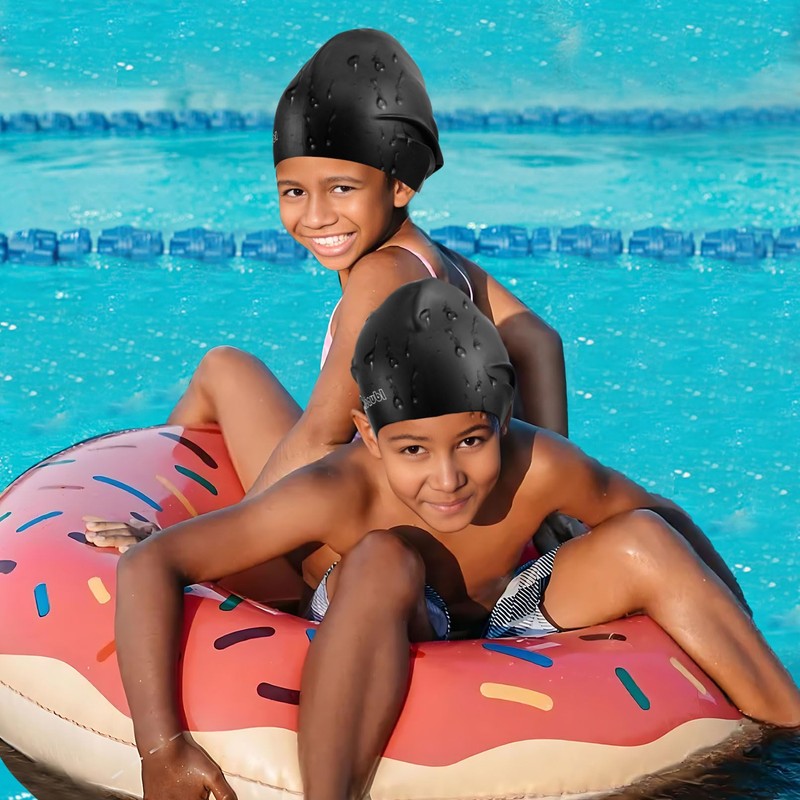 2 Pack Swimming Cap for Kids (Black+Rose red)
