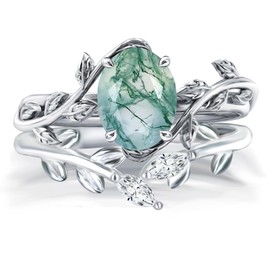 Wasee Natural Moss Agate Ring Set 925 Sterling Silver Green Oval Moss Agate Engagement Ring Wedding Promise Ring Jewelry for Women,Ring Size 6.5