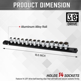ALOANES 3/8-Inch Drive Magnetic Socket Organizer, Heavy Duty Aluminum Socket Rail Organizer, 360° Swivel Clips Socket Holder Kit for Tool Box, 3/8-Inch Socket Holder x 14 Clips (Black)