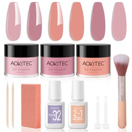 Aokitec 11 PCS Dip Powder Nail Kit - 3 Colours Nail Dipping Powder Kit with 2-in-1 Dip Base & Top Activator Nail Dust Brush Nail Powder Dip Kit Starter Set for French Nail Art, Light Pink Tawny Orange