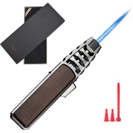 DOUBFIVSY Butane Torch Lighter, Refillable Kitchen Cooking Torch with Safety Lock, Windproof Adjustable Jet Flame Solar Beam Torch Blow Torch for Baking BBQ Mens Gifts (Without Gas) (Brown)