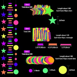 Guirnalda de papel de neón UV de 95 pies, kit rectangular de estrella de punto redondo, pancarta de decoración de neón para suministros de fiesta resplandor, reactiva a los rayos UV que brilla en la