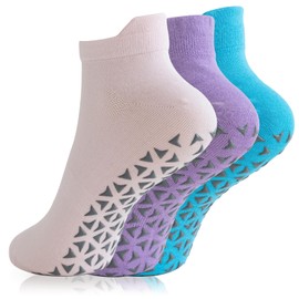 Yoga Socks for Women & Men, 3 Pairs Non Slip Pilates Socks Grip Socks, Slipper Socks for Barre, Fitness, Dance, Ballet, Hospital, Home, Size 4-9 (Pink/Purple/Lake Blue)
