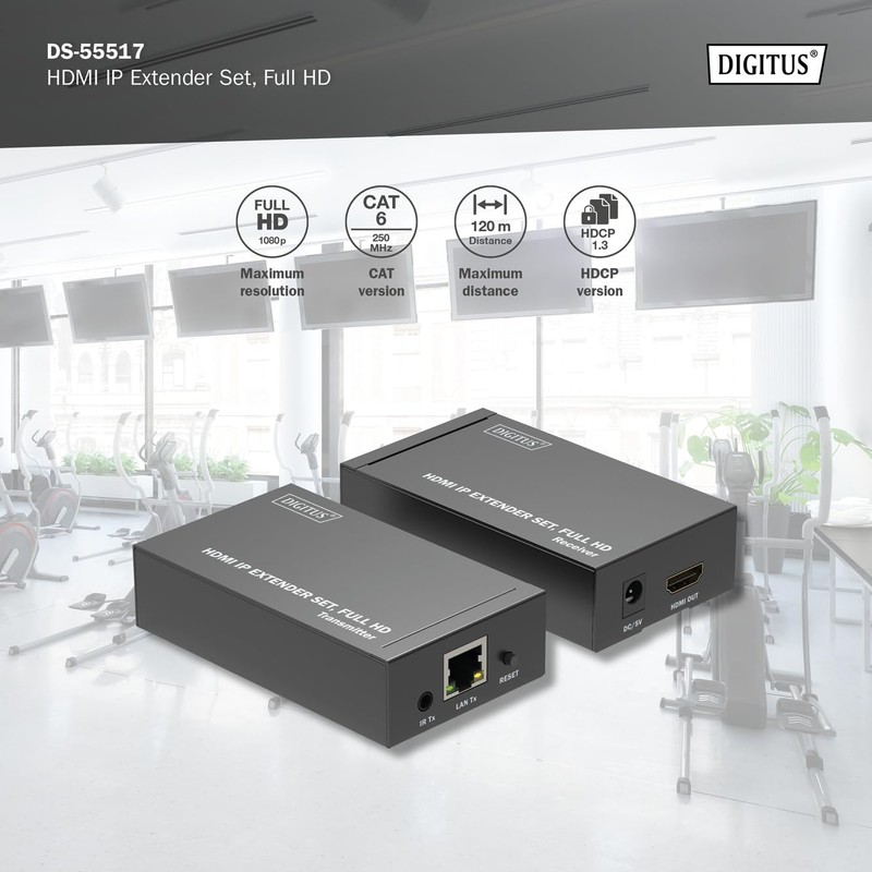 DIGITUS HDMI IP Extender Set, Full HD (1080p/60Hz), 120m Range,