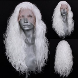 RONGDUOYI RONGDUOYI RDY 24" White Lace Front Synthetic Wig Loose Water Wave Heat Fiber Hair Natural Looking Long Wavy Lace Front Wigs for Women Half Hand Tied Wig Cosplay Daily Use Hair