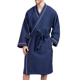 Texere Men's Premium Modal Cotton Kimono Resort Bathrobe with Quilted Design; Lightweight Soft Robe for Shower, Pool, and Lounge (Midnight Blue, XL)