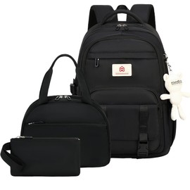 School Backpack for Teen Girls Women College Laptop Backpacks 3 Pcs Kids Cute Bookbag Set with Lunch Box Pencil Case Elementary Middle High School Bag Students Backpack Set Travel Daypack-Black