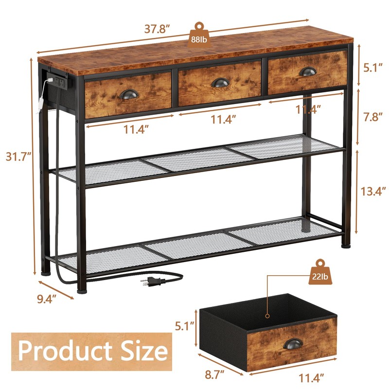 Furologee Console Table with Charging Station & 3 Fabric Drawers,