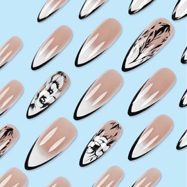 BABALAL Press on Nails Almond Medium Fake Nails Black French Tip Glue on Nails White Ombre Acrylic Nails with Flower Design 24Pcs False Nails Glossy Stiletto Manicure Coquette Stick on Nails