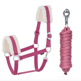 Faux Fur Halter Lead Rope Set with Panic Hook Adjustable Horse Halter Horse Wooden Horse Tie Rope (Faux Fur Panic Hook Pink, Cob)