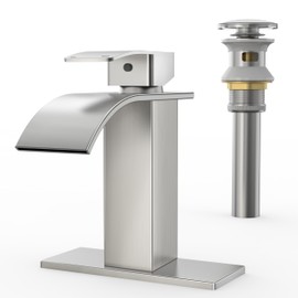 RUACQ Bathroom Faucets, Single Handle Bathroom Sink Waterfall Faucets for 1or 3 Hole, Stainless Steel Washbasin Mixer Tap with Deck, Pop-Up Drain and Supply Hoses (Short, Brushed Nickel)