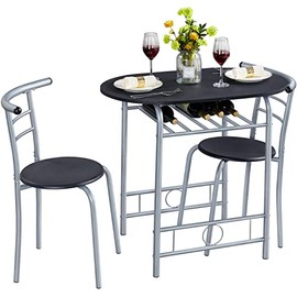 Yaheetech 3-Piece Dining Room Table Set, Kitchen Table & Chair Sets for 2, Compact Table Set w/Steel Legs, Built-in Wine Rack for Breakfast Nook, Small Space, Apartment, Black