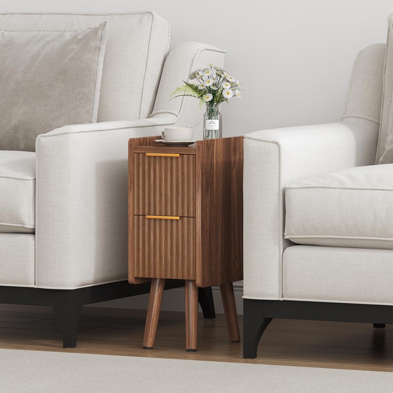ELYKEN Narrow Side Table, Fluted Nightstand with Drawers, Wooden Small