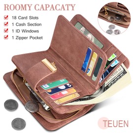 TEUEN Small RFID Blocking Wallet for Women Leather Compact Bifold Wallet 18 Card Slots Ladies Wallets with Coin Pocket