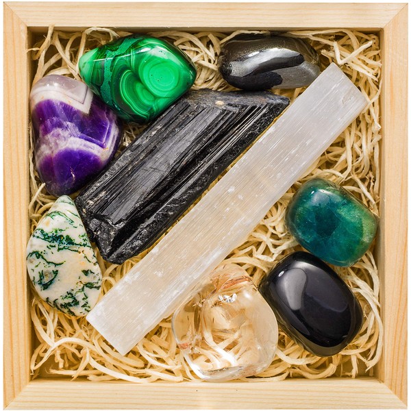 PROTECTION EMF Crystals and Healing Stones, 100% Authentic, Wooden Gift Box + 50pg EBOOK- Obsidian, Fluorite, Malachite, Hematite, Amethyst, Quartz, Selenite, Tourmaline + Info Guide, Made in USA