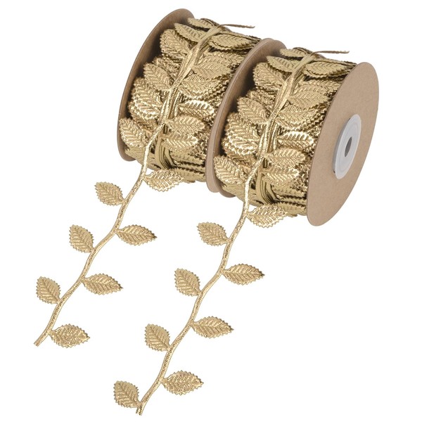 Leaves Stripes Gift Ribbon 22 Yards Long Artificial Leaf Ribbon for DIY Crafts Gift Packaging and Party Wedding Home Garden Decoration 2 Rolls (Gold)