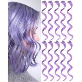 Olldag 10 PCS Light Purple Hair Extensions, Curly Wavy Synthetic Hairpieces Clip in Rainbow Neon Party Highlights, Colorful Hair Accessories for Kids Girls Women 17 inch (10 PCS-Light Purple)