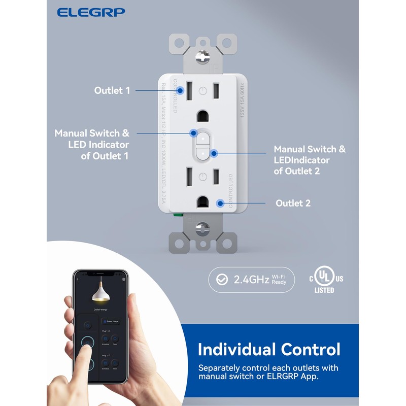 ELEGRP Smart in-Wall Outlet, 2.4GHz Wi-Fi Smart Receptacle Compatible with