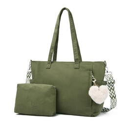 Makukke Corduroy Tote Bag, Large Shoulder Handbag with Pouch, Crossbody Bag for Work Travel Shopping (Green)