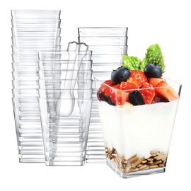 U Chef Set de 50 Tazas de Postre con Tapas, Vasos de Plástico Transparente, Vasos para Postres Reutilizables con Tapa y Cuchara 150 ml, Mini Tiradores para Fiestas, Yogur, Gelatina