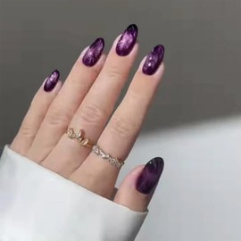 SINHOT Almond Press on Nails Medium Fake Nails Glossy Glue on Nails Purple Cat Eye Acrylic Nails Purple Glitter Stiletto Artificial Nails Stick on False Nails with Design 24 pcs