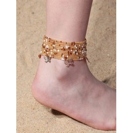 Multi Layered Butterfly Beaded Anklet Bohemian Style Foot Chain Bracelet Jewelry Adjustable Ankle Bracelets for Women and Girls (bead)