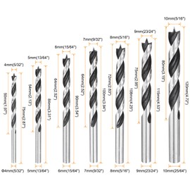 HARFINGTON Brad Point Drill Bit Set 4/5/6/7/8/9/10mm Dia Straight Round Shank Metric Brad Point Spiral Twist Drill Bits for Softwood Hardwood Plywood Plastic Rubber, Silver Tone
