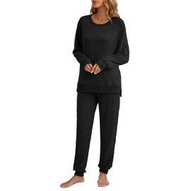 Famulily Womens 2 Piece Casual Cozy Lounge Sets Fall Casual Long Sleeve Crewneck Ribbed Sweatshirts And Jogger Black XL