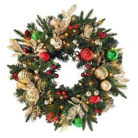 Christmas Lighted Wreath for Front Door, 28 Inches Pre-Lit 35 LED Lights, Red and Green Classic Artificial Holiday Wreath for Indoor Outdoor Home Decorations