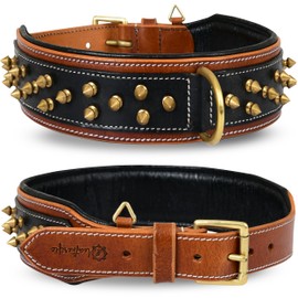 Genuine Leather Dog Collar by Leatherific, Premium Bridle Leather, Heavy Duty, Padded, Strong, Screwed Spikes, Medium, Large, Extra Large Breeds, 2" Wide (Charcoal, Neck Size 22"-26")