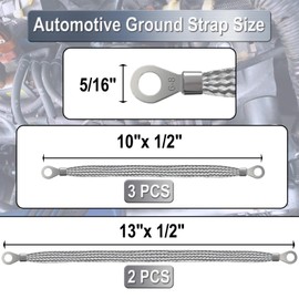 5 PCS Automotive Ground Strap, 3Pcs 10" x 1/2" & 2Pcs 13" x 1/2" Vehicle Grounding Straps, Braided Tinned Copper Engine Ground Strap, Universal Ground Cable Strap for Most Cars
