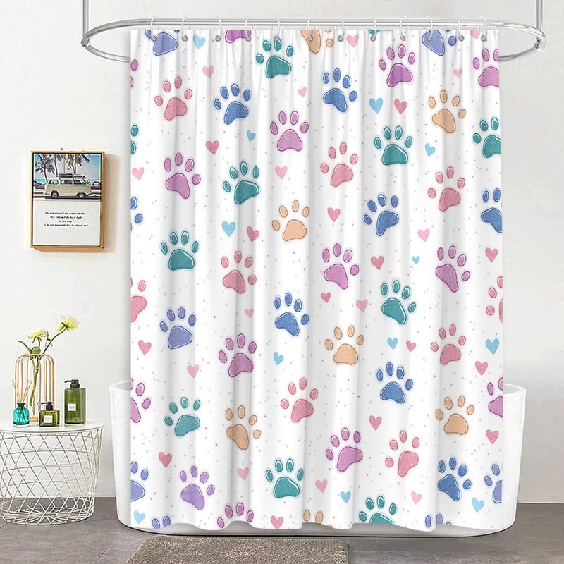 JEJOMEAG Dog Paw Shower Curtain Cute Colorful Paws Print Pet