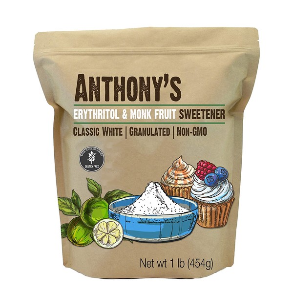 Anthony's Erythritol and Monk Fruit Sweetener Classic White, 1 lb, Granulated, 1 to 1 Sugar Substitute, Non GMO, Keto Friendly
