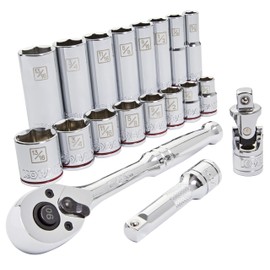 Kobalt 573348 19-Piece 3/8-Inch Drive Mechanic's Tool Set with Hard Case, Inch, Includes Quick Release Ratchet, Extension, and Shallow/Deep Sockets